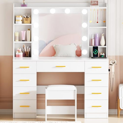 ANWBROAD 9-Drawer Makeup Vanity Desk with Mirror and Lights, White | Vanity Table with Cushioned Stool, 3 Colors Lights, Power Outlet, 6 Open Shelves, 5 Hooks Dressing Table for Girls Women