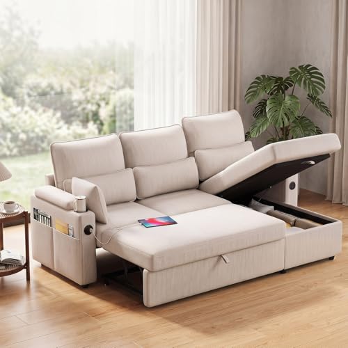 L-Sofa Bed Sleeper Pull Out with Storage Function and Two USB Ports and Cup Holder, Perfect for Small Space Modern Convertible Sofa Bed Living Room, Apartment Living Room - color: Beige, size: 81'' L shape sofa