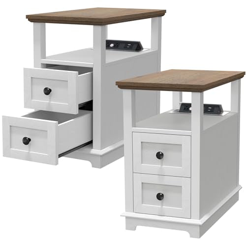 HIFYOBRO End Table with Flip Top Charging Station Set of 2 | White Side Table with 2 Drawers, Type-C & USB Port & Power outlets, Narrow Wooden Storage Cabinet for Living Room and Bedroom - color: White, size: 1 Set