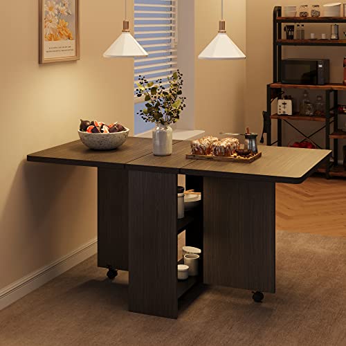 Folding Dining Table with 2-Layer Storage Rack, Drop Leaf Tables, Black | Small Spaces, Foldable Dining Table with 3 Wheels, Kitchen Table, Dining Room - color: Dark Walnut, size: 50.1"D x 31.4"W x 29.5"H