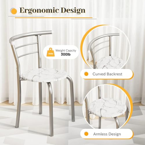 Shahoo 3-Piece Dining Table Set for 2, Kitchen Breakfast Nook Set | 2 Chairs & Round Tabletop, Space Saving Wooden Furniture Metal Frame and Built-in Wine Rack, Marble White - color: Marble White