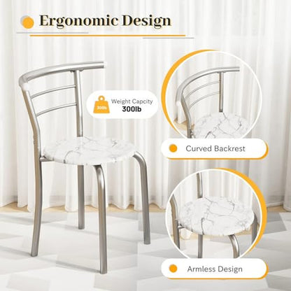 Shahoo 3-Piece Dining Table Set for 2, Kitchen Breakfast Nook Set | 2 Chairs & Round Tabletop, Space Saving Wooden Furniture Metal Frame and Built-in Wine Rack, Marble White - color: Marble White