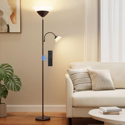2-in-1 Torchiere Floor Lamp, 34W Super Bright LED Standing Lamp with Remote & Touch Control, 72" Dimmable Adjustable Corner Reading Lamp for Living Room, Bedroom, Office, Brown - color: Brown