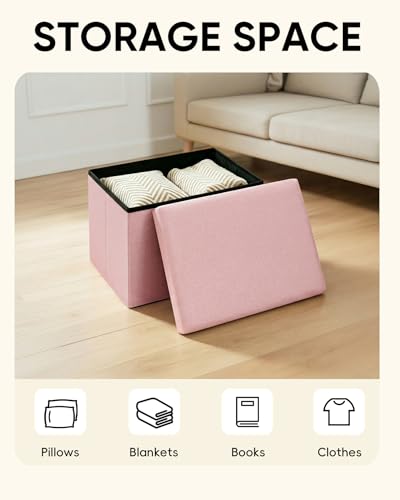 PINPLUS Flat Top Folding Linen Storage Ottoman 16.5", 36L Collapsible Storage Cube with Lid, 250 lbs Load Capacity, Fabric Foot Rest Seat for Living Room, Bedroom, Closet,Pink - color: Pink