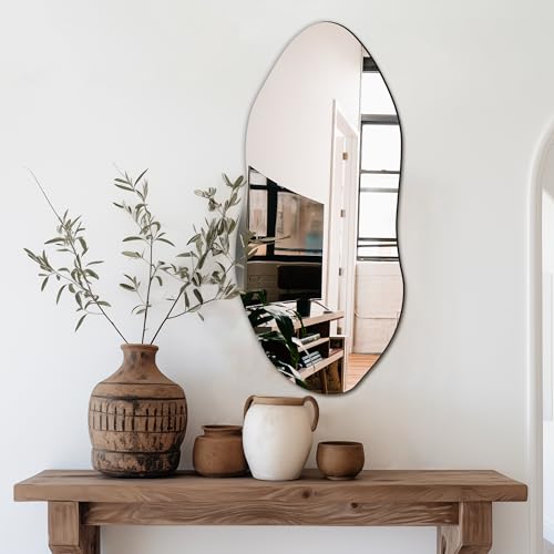 Irregular Wall Mirror, 32"x14" Slim Vertical Wavy Design | Frameless, Entryway, Hallway & Bathroom, Modern Boho, Wall-Mounted - size: 32"L x 14"W