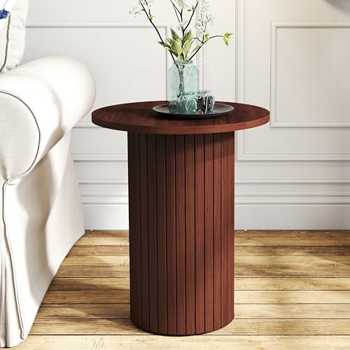 COVLON Round Side Table, Fluted Drum End Table, Tambour Accent Table | Mid Century Modern Nightstand & Wood Plant Stand for Small Spaces, Living Room, Bedroom, Home Office, Brown