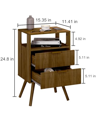 Leomonio Nightstand, Modern Night Stand with 2 Storage Drawer and Opening Storage, Fluted Bedside Table with Solid Wood Legs for Bedroom - color: Walnut Brown
