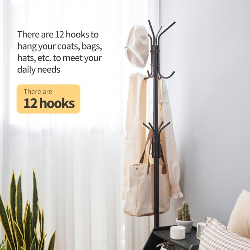 Coat Rack Freestanding,hat and coat rack stand for entryway,Living Room,Bedroom,Metal coat tree with12 Hooks and 3 Legs (Black) - color: Black