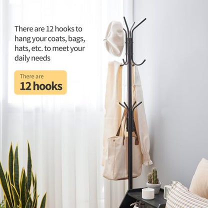 Coat Rack Freestanding,hat and coat rack stand for entryway,Living Room,Bedroom,Metal coat tree with12 Hooks and 3 Legs (Black) - color: Black