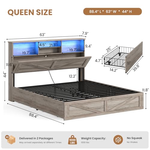 AOGLLATI Farmhouse Queen Bed Frame with 4 Storage Drawers and Led Lights, Wooden Bed Frame Queen Size with Hidden Space Bookcase Headboard and Led Lights & Metal Slats, Grey - color: Grey, size: Queen