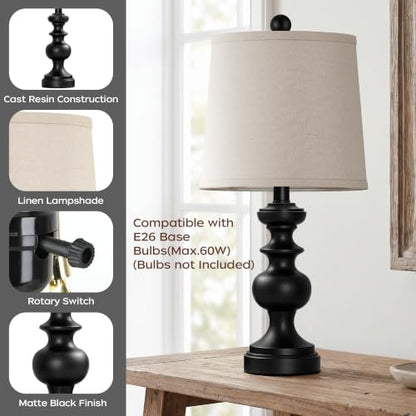 Farmhouse Table Lamp Set of 2, Rustic Table Lamps for Living Room Bedroom, 22" Mid Century Modern Desk Lamp Bedside Nightstand Lamps with Linen Tapered Drum Shades, Matte Black - color: Matte Black