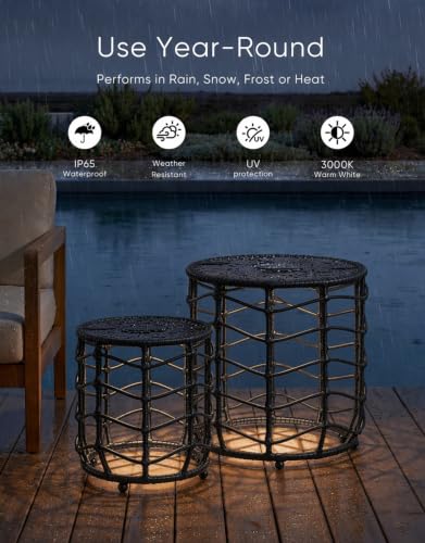 Boho Solar Outdoor Side Table with Built-in Lights Set of 2, All-Weather Wicker Nesting Tables, Round Waterproof Accent End Table Design for Patio, Porch, Garden & Balcony, Black - color: Black