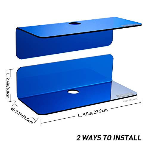 OAPRIRE Small Floating Wall Shelves Set of 2 - Personalize&Easily Expand Wall Space - 9 Inch Acrylic Wall Shelf for Bedroom, Gaming Room, Living Room, Bathroom, Office, with Cable Clips - Clear Blue | Strong Tape Adhesive Wall Shelf, Easy Installation, Ho