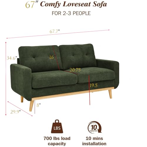 67" Green Loveseat Sofa, Mid Century Modern Love Seat Sofas and Comfy Couches for Living Room, Button Tufted Small Cloud Couch for Bedroom Office Apartment Small Space, Easy Assembly (Dark Green) - color: Dark Green