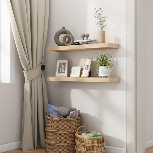 fuqing 30 Inch Floating Shelves 6.7'' Deep Natural Wood Shelves Set of 2 | 30'' x 6.7'' x 1.4'' Natural Wood Shelves for Bathroom Living Room, 40LBS, Lightweight, Hardware Included, Waterproof Finish - color: Natural, size: 30 Inch