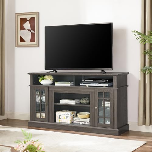 Dark Walnut TV Stand 58 in with Glass Doors, Wood Entertainment Center for TVs up to 65 inch, Tall Media Console with Adjustable Shelves and Cable Management for Living Room, Black Accents - color: Black + Dark Walnut