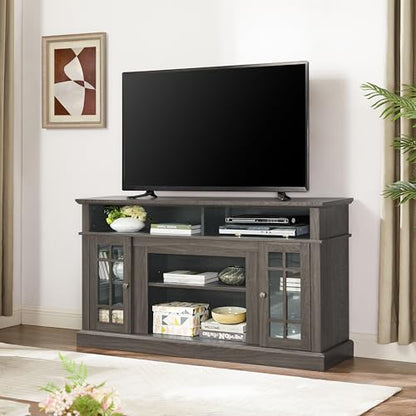 Dark Walnut TV Stand 58 in with Glass Doors, Wood Entertainment Center for TVs up to 65 inch, Tall Media Console with Adjustable Shelves and Cable Management for Living Room, Black Accents - color: Black + Dark Walnut