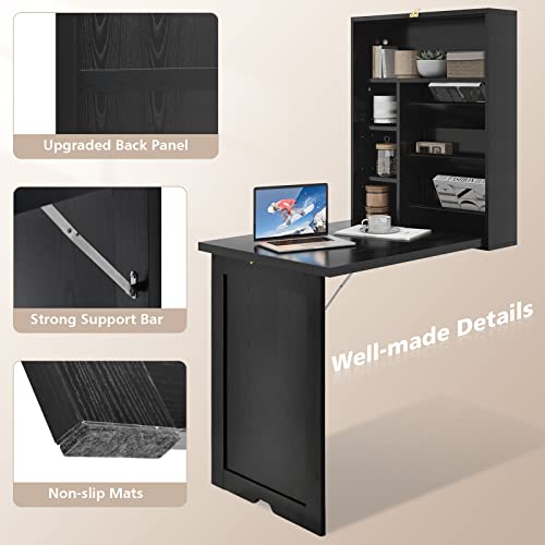 GOFLAME Wall Mounted Folding Desk with 3-Tier Tilt Storage Partition and Adjustable Shelves, Space-Saving Convertible Writing Desk for Home Office, Black - color: Black