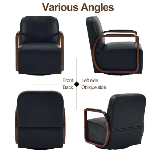 Faux Leather 360° Swivel Barrel Accent Chairs Set of 2, Upholstered Mid Century Modern Reading Lounge Chair with Wooden Armrests & Solid Rotating Metal Base for Living Room Bedroom, Black - color: Black, size: 2 Pack