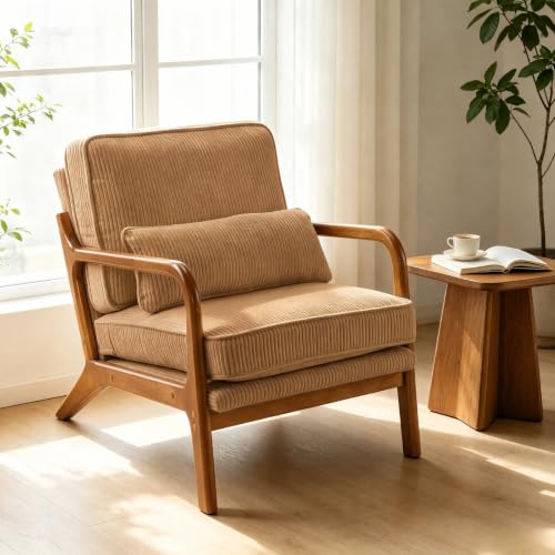 Karl home Mid-Century Modern Accent Reading Chair, Khaki | Corduroy Upholstered, Solid Wood Frame, Soft Cushion, Lumbar Pillow, Lounge Armchair for Living Room, Bedroom, Balcony, Study - color: Corduroy Khaki