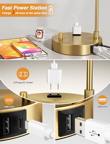 Innqoo Gold Table Lamp with USB Port and Outlet, Dimmable Nightstand Bedside Lamps with Linen Lampshade, Desk Lamp for Bedroom, Living Room, Guest Room, Home Office, LED Bulb Included - color: D-White Shade& Gold Base