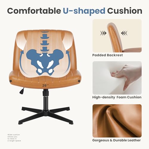 DUMOS Criss Cross Chair No Wheels, Wide Seat Cross Legged Office Desk Vanity Chair, Faux Leather Armless Height Adjustable Swivel Task Computer Chairs for Home, Study, Brown PU - color: Brown Pu