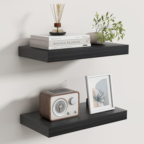 Floating Shelves for Wall, Real Wood Floating Shelf Set of 2, 8 Inch Deep Floating Shelves, Rustic Wood Wall Shelf for Home Decor, Deep Storage Shelves for Bathroom, Kitchen, 16"W x 8"D, Black Color - color: Black, size: 16"W x 8"D