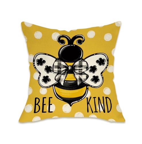 Fahrendom Spring Honey Bee Kind Decorative Throw Pillow Cover 18 x 18 | Summer Bumble Bee Yellow Porch Patio Outdoor Pillowcase, Polka Dots Seasonal Sofa Couch Cushion Case Home Decor - color: Bee Kind, size: 18" x 18" (Pack of 1)