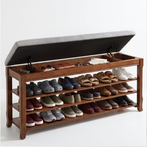 Solid Wood Shoe Rack for Entryway Bench, Flip-Top Soft-Close Lid, 47.2'' | 550 lbs Max Load, Adjustable Shelves, Cushioned Entryway Shoe Storage Organizer for Mudroom, Hallway - size: 47.2''