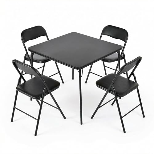 FurnitureR Folding Card Table and Chairs Set of 4, 5-Piece Foldable Dining Table Set, Space Saving Small Table and Chairs for Apartment, Game Room, Indoor Use, No Assembly Required - color: Black, size: 33.9" Square Table with 4 Chairs