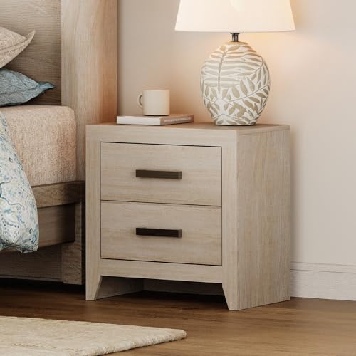 WAMPAT Nightstand with 2 Large Drawers,Wooden Nightstand with Storage,Farmhouse Bedside Table End Table for Bedroom, Beige - color: Beige