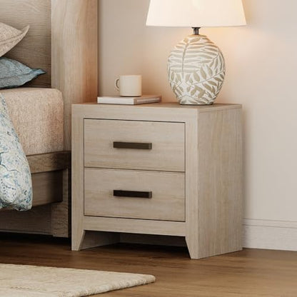 WAMPAT Nightstand with 2 Large Drawers,Wooden Nightstand with Storage,Farmhouse Bedside Table End Table for Bedroom, Beige - color: Beige