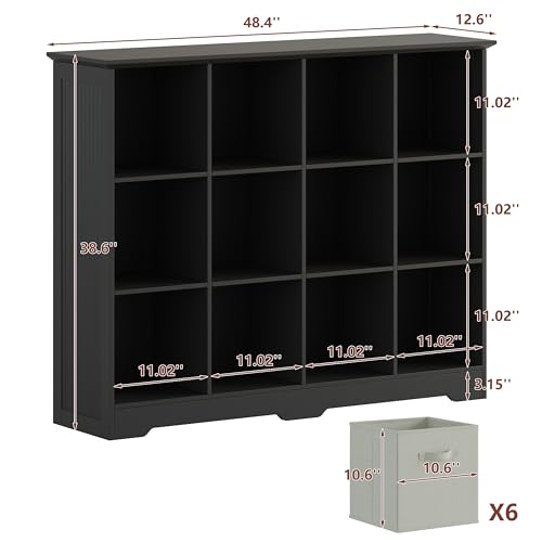 VORONOI 12 Cube Storage Organizer with 6 Fabric Drawers and Removable Shelves — Modular Cube Bookshelf for Bedroom, Living Room, or Home Office, Short Cube Bookcase for Toys, Decor, Black - color: Black, size: 12-Cube