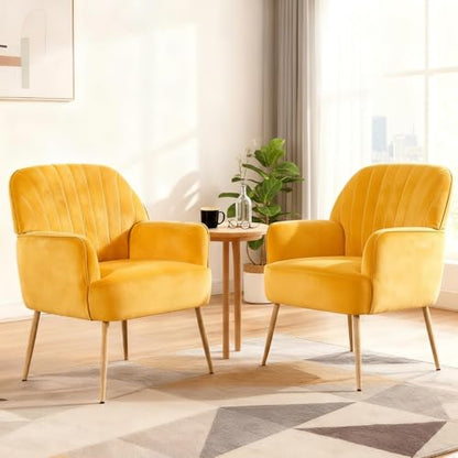 Velvet Accent Chair with Armrest, Modern Curved Back Barrel Chair, Soft Cushion Single Sofa for Living Room Bedroom Office Cafe Yellow - color: Yellow