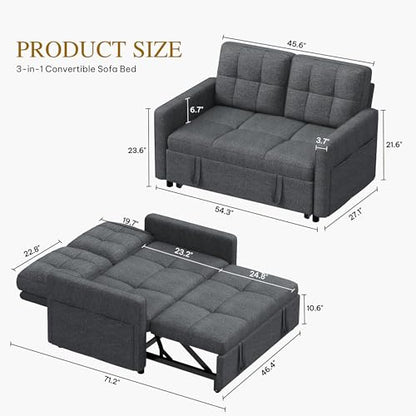 YITAHOME 55" Convertible Sofa Bed | 3-in-1 Sleeper Sofa with Iron Frame Pull-Out Bed, Linen Futon Couch with Reclining Backrest and Side Pocket, Modern Loveseat - color: Grey, size: 71.2 x 46.4in