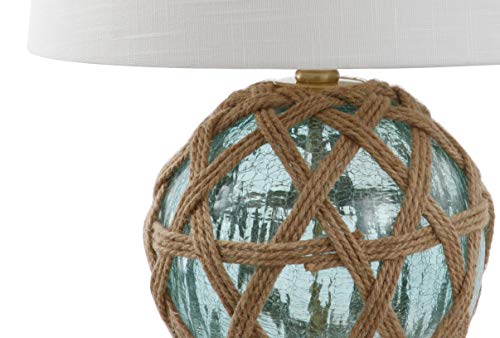 JONATHAN Y Andrews Table Lamp 21.5" Nautical Glass and Rope, Brown/Aqua | Coastal Transitional Bedside Light, White Linen Drum Shade, Brass Gold Metal Base, Rotary Switch, LED Bulb Included