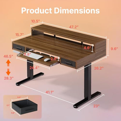 HUANUO 48″ x 26″ Electric Standing Desk with 2 Drawers &24.4″ Large Keyboard Tray, C-Clamp Mount Compatible, Adjustable Computer Desk for Office, Sit Stand Up Desk with 4 Height Presets, Deep Walnut - color: Deep Walnut, size: 48*26 inch