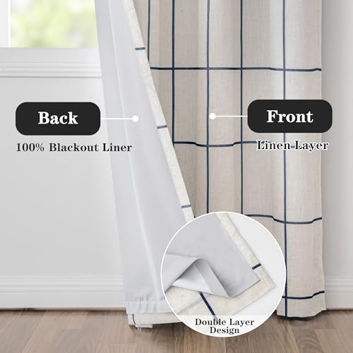 MYSKY HOME 100% Blackout Navy Blue Plaid Linen Farmhouse Curtains 84 Inches Long 2 Panels Set Double Layer Thermal Insulated Checkered Patterned Drapes for Living Room Bedroom, W52 Each Panel - color: Navy Blue, size: 52"W x 84"L (Pack of 2)