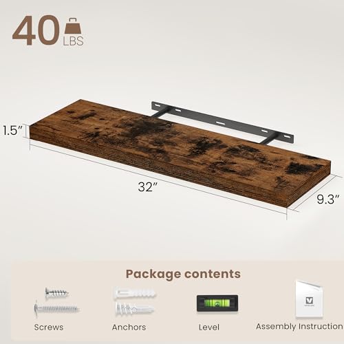 Vivelove Floating Shelves 9 inch Deep 32”Long Set of 2, Rustic Brown | Easy Install With Hardware, 1.5" Thick, Invisible Brackets, Wall Mounted, No Sagging, For Any Room - color: Rustic Brown, size: 32”wx9.3”dx1.5”h