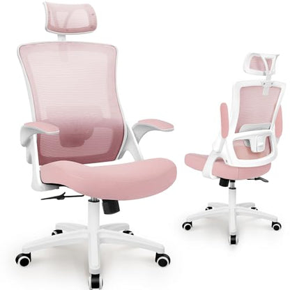 NEO CHAIR Office Desk Chair with Ergonomic High Back Mesh Headrest, Pink | Adjustable Headrest and Lumbar Support with Flip-Up Armrests Designed for Extended Sitting Comfort While Saving Space - color: Pink