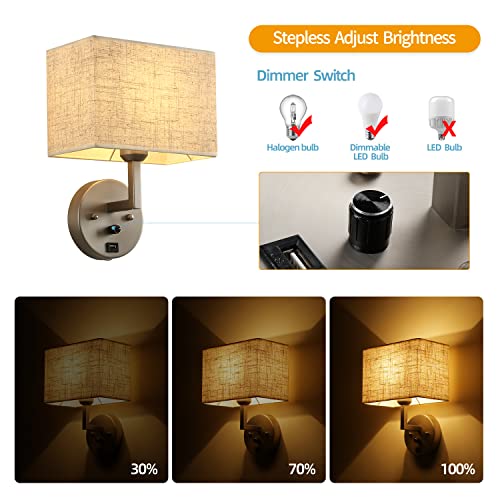 Plug in Wall Sconce with Dimmer Switch and USB Port，1-Light 9.5“Rectangular Linen Fabric Shade，Bedside Wall Lamp Satin Nickel Finish，Wall Lamps Perfect for Bedroom, Living Room and Hotel - color: Silver