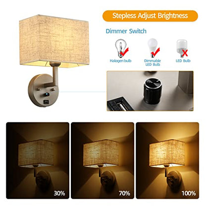 Plug in Wall Sconce with Dimmer Switch and USB Port，1-Light 9.5“Rectangular Linen Fabric Shade，Bedside Wall Lamp Satin Nickel Finish，Wall Lamps Perfect for Bedroom, Living Room and Hotel - color: Silver
