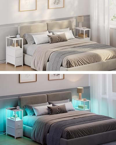 TUTOTAK Narrow LED End Table with Charging Station, Skinny Side Table | Bedside Table with Outlets, Nightstand with 2 Cloth Drawers, Couch Table for Living Room, Bedroom, White TB01BW056 - color: White, style: 2 Drawers with Plug & Light