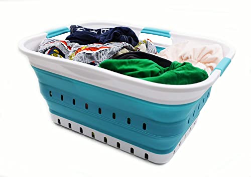 SAMMART 42L (11 gallon) Collapsible Plastic Laundry Basket - Foldable Pop Up Storage Container/Organizer - Portable Basket - Space Saving Hamper/Basket (2, White/Bright Blue) - color: White/Bright Blue