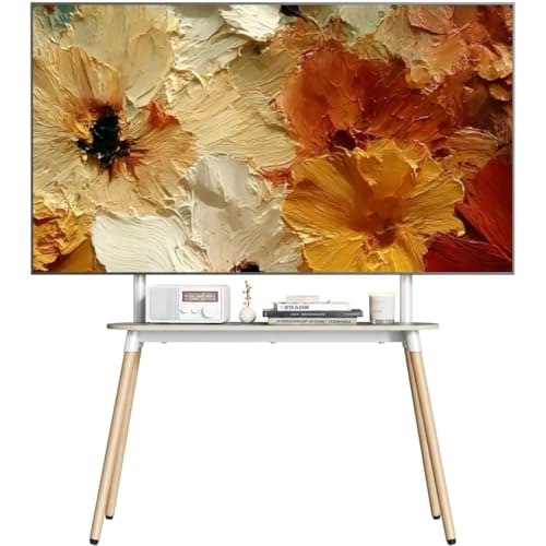 4-Leg Easel TV Stand for 49-86" TVs, 110 lbs, White | Height-adjustable floor TV stand, storage shelf, cable management and protective pads for living room, office or school - color: White, size: 49–86 Inch TVs