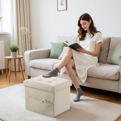Bsketa Storage Ottoman Bench,16 Inch Folding Leather Foot Rest Stool, Beige | Small Ottoman with Side Pockets, Thicker Foam Padded Seat, Livingroom, Dorm, Bedroom, Easy to install, 38L, 16x12x12in - color: Beige-with Side Pockets.