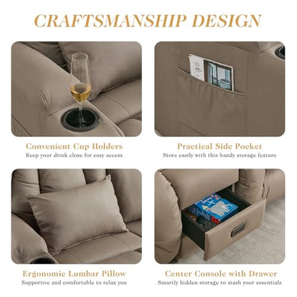 Loveseat Recliner Sofa,RV Wall Hugger Recliners with Flip-up Console,Reclining Loveseat Sofa Recliner with Cup Holders/Lumbar Pillows for Small Spaces,RV Furniture (Khaki,68" 2-Seater) - color: Khaki, size: 68" 2-Seater