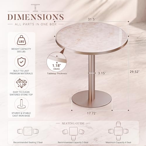 31.5'' Tulip Table, Round Dining Table with Glossy Sintered Stone Tabletop | Rose Gold Aluminum Alloy Edge & Pedestal, Small Bistro Table for Dining Room/Café/Small Spaces/Restaurant (Blush Onyx) - color: Blush Onyx (Rose Gold), size: Round