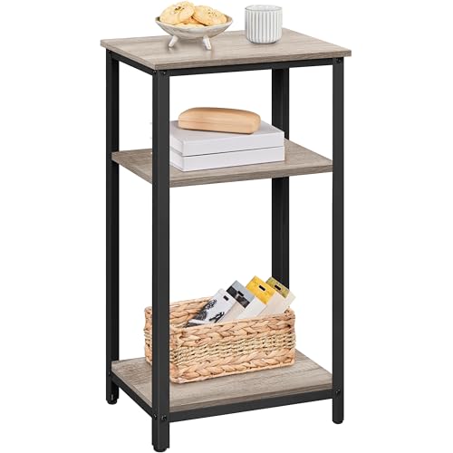 Yaheetech 29.5in Tall End Table, Small Narrow Industrial Nightstand, Gray | Side Table for High-Arm Sofas and Tall Beds, 2 Wood Grain Shelves for Drinks and Storage, Slim 12in Depth, Iron Frame - color: Grey