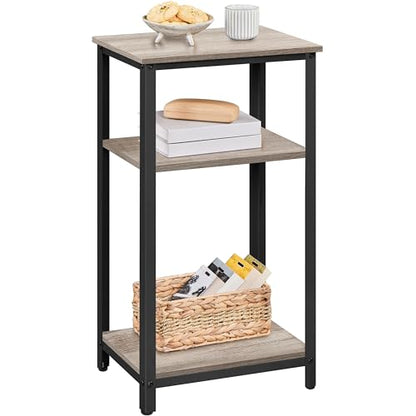 Yaheetech 29.5in Tall End Table, Small Narrow Industrial Nightstand, Gray | Side Table for High-Arm Sofas and Tall Beds, 2 Wood Grain Shelves for Drinks and Storage, Slim 12in Depth, Iron Frame - color: Grey